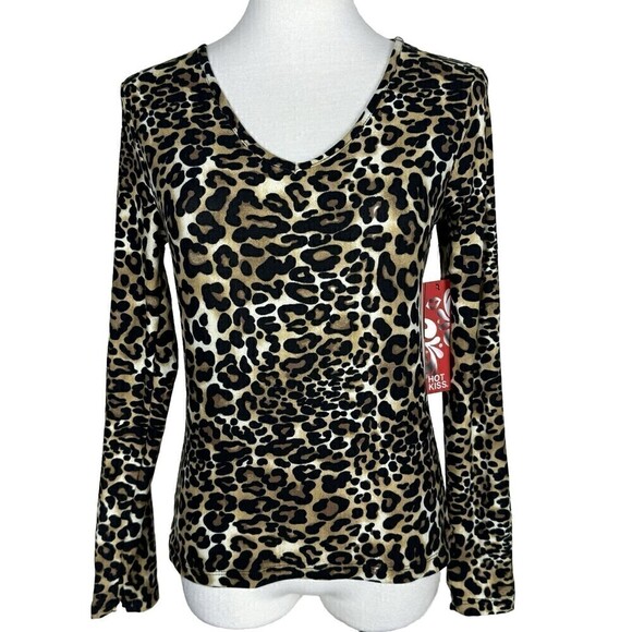 Hot Kiss Leopard Animal Stretch Crop Long Sleeve V Neck Top Large NWT - Picture 1 of 8